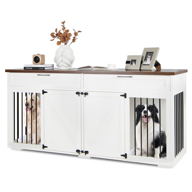 Mueble de Doble Jaula para Perros de Raza Grande de Madera con División de Espacio y Cajones