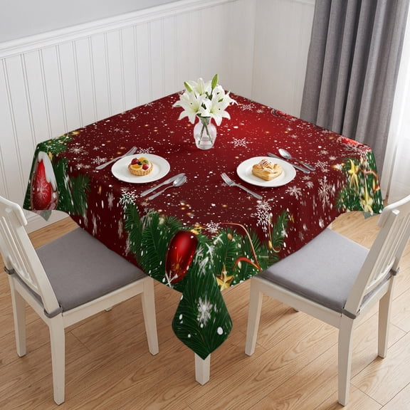 Red Christmas Table Cloth Waterproof Tablecloths, Winter Xmas Balls Snowflake Pine Branches Tablecloth Dining Table Cover for Kitchen Party Tabletop Outdoor, Square Tablecloth 60x60 Inch