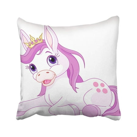 ARTJIA Pink Pony Of Cute Horse Princess Resting Little Cartoon Crown Animal Beautiful Clip Golden Pillowcase Throw Pillow Cover 18x18