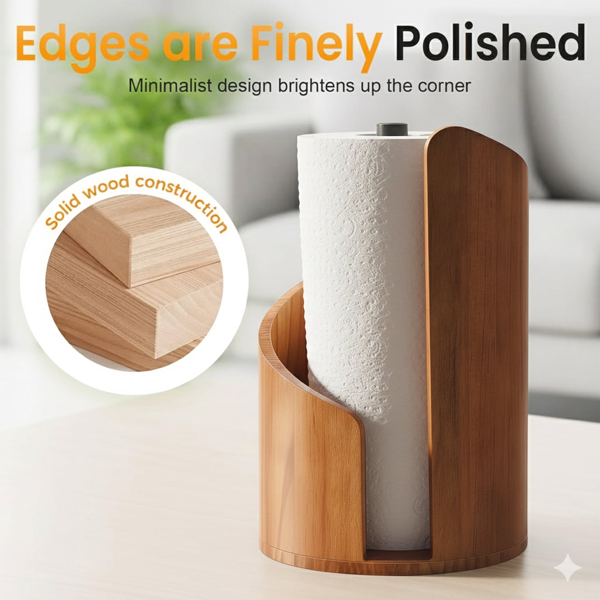 Standing Pine Wood Paper Towel Holder, 11.5" Countertop Dispenser Fits Jumbo Rolls, Modern Semi-Enclosed Design for One-Handed Tear, Brown/Natural/Black