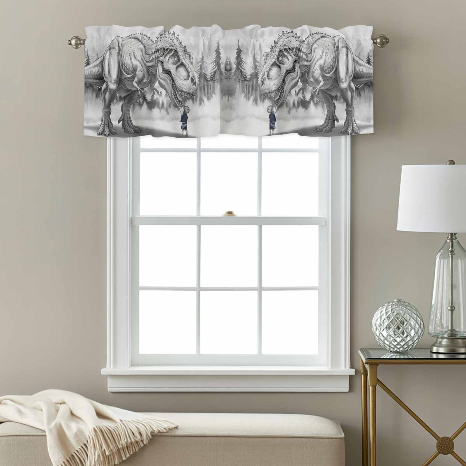 Dinosaurs Boy Kitchen Curtain Valances for Windows Farmhouse Short Curtains, Gray Funny Cartoon Forest Animals Rod Pocket Valance Curtain for Bedroom Cafe Living Room 60"x18"