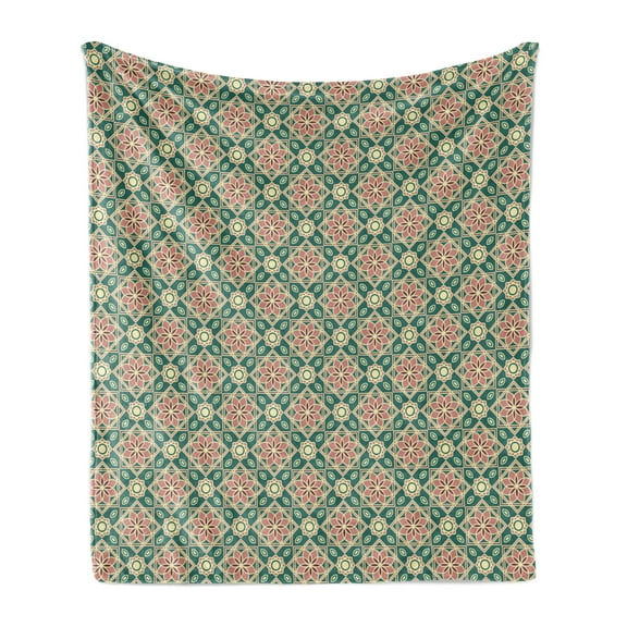 Eastern Soft Flannel Fleece Throw Blanket, Vintage Mosaic Design of Florets Zigzag Borders Oval Details, Cozy Plush for Indoor and Outdoor Use, 70" x 90", Forest Green Pale Pink, by Ambesonne