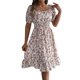 thumbnail image 3 of WILLBEST Vestidos De Lino Para Mujer, Vestido De Línea A Con Estampado Floral, Cuello Cuadrado, Manga Corta, Cintura Con Volantes En El Dobladillo Para Mujer, 3 of 3