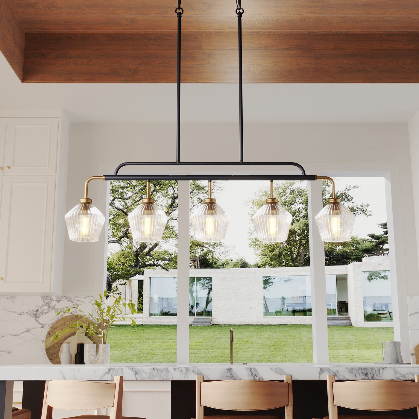 Aiwen 43 Inch 5-Light Linear Chandelier Over Kitchen Island, Matte Black Pendant Light Fixture for Kitchen Living Room