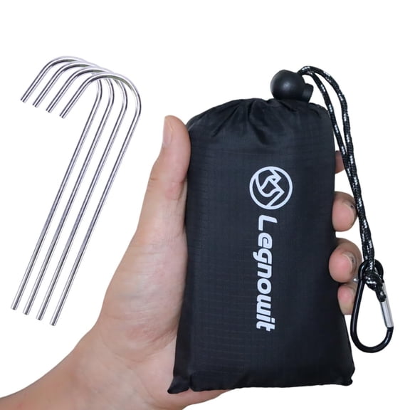 Portable Pocket Blanket 55"x39", Waterproof Tear-Resistant Picnic Mat for Camping Festival Beach Travel, Compact Hiking Tarp with Stakes, Black