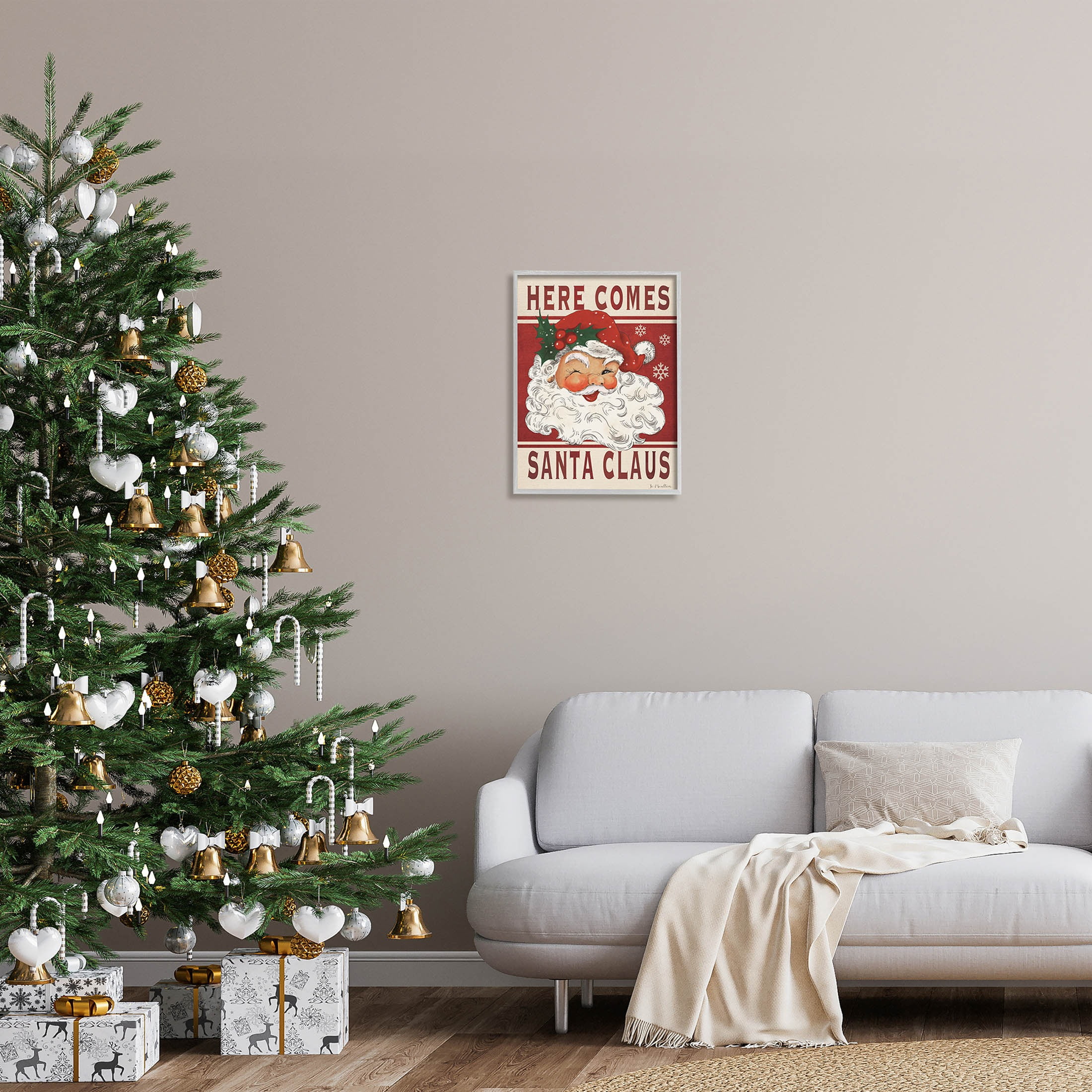 Here Comes Santa Claus Smiling Vintage Holiday Graphic Art Gray Framed Art Print Wall Art