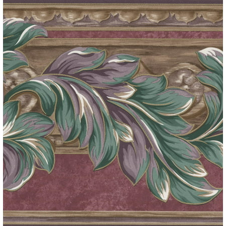 Plum Purple Green Leaves Floral Wallpaper Border Retro Design, Roll 15' x