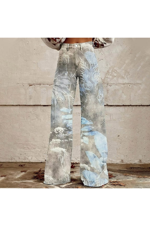 Jeans for Women Plus Size Wide Leg High Waist Straight Pants Plain Gray Fashion Pockets Denim Pants for Women