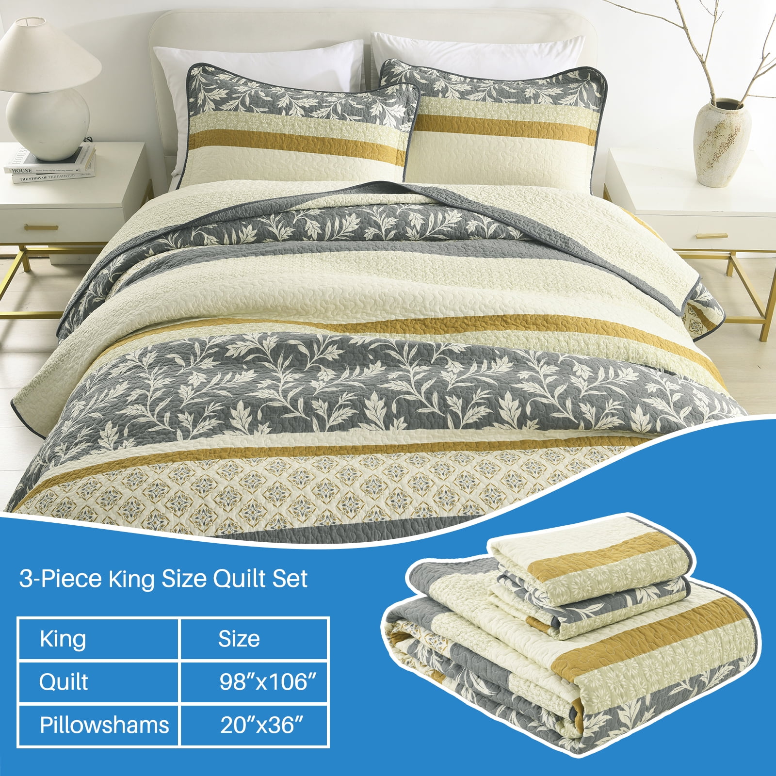 Bedduvit Floral King Quilt Sets - 100% Cotton Striped Patchwork Gray/Cream/Yellow King Size Quilts, Lightweight Summer Botanical Print Reversible Bedspread, Vintage Decor Coverlet for King Bed-98x106
