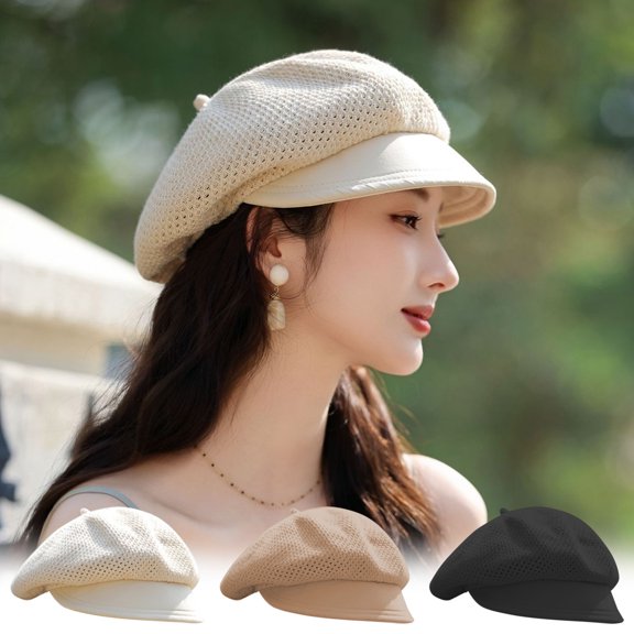 Women's Summer Beret Hat | Lightweight Breathable Adjustable Polyester Cap | Thin Casual Beach Sun Hat | Outdoor Fashion Accessory | Fits 22.05-22.83 in | Black Beige Khaki