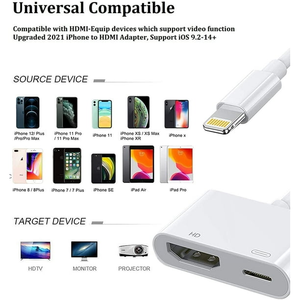 Certifié Apple MFi] Câble adaptateur Lightning vers HDMI, compatible avec  iPhone iPad vers HDTV 1080p Adaptateur AV numérique Connecteur de  synchronisation d'écran pour iPhone vers TV/projecteur/moniteur (2 m pas  besoin d'alimentation) 
