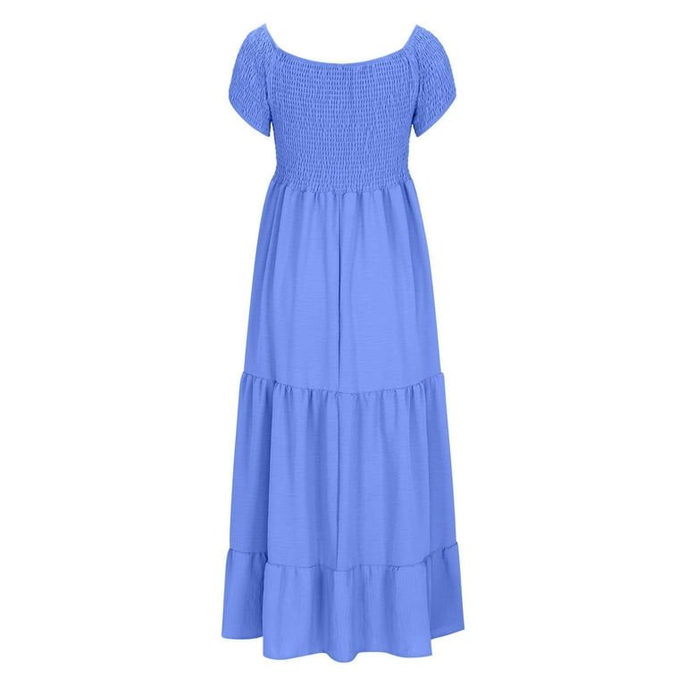 Qelini Summer Wedding Guest Dresses for Women Off-Shoulder Solid Color Flowy Swing Elegant Ruffle Tiered Maxi Dress Beach Fashion Lightweight and Blue