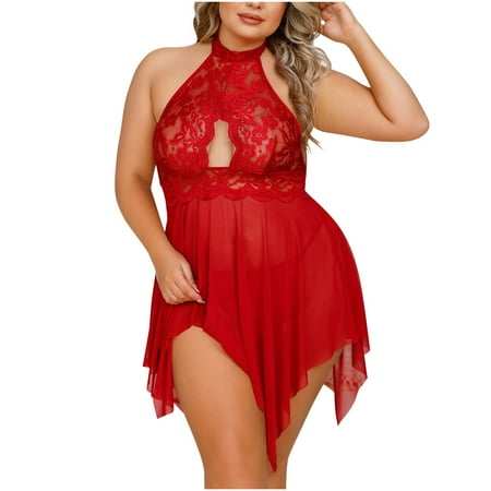 Odeerbi Women s Plus Size Lingerie Dress Set Babydoll 2025 Valentine s Day Large Lace Backless Neck Hanging Hollow Out Pjama Set Burgundy