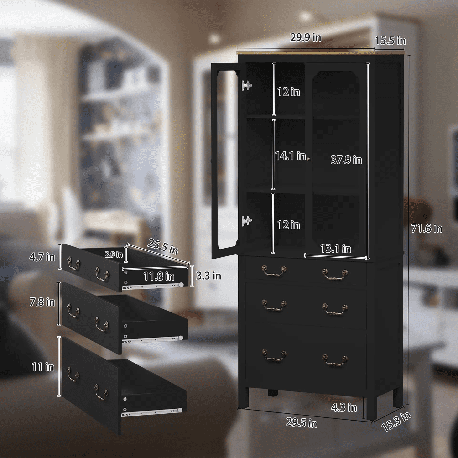 Kitchen Pantry Cabinet, Freestanding Tall Storage Cabinet, Utility Cupboard, Pantry Cabinet with Tempered Glass Doors and Adjustable Shelves for Kitchen, Living Room, Dining Room