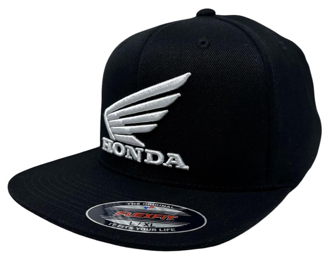 Honda Racing Men's Hat Embroidered Wing FlexFit Fitted Wool Blend Flat Bill Cap (Small/Medium, Black)