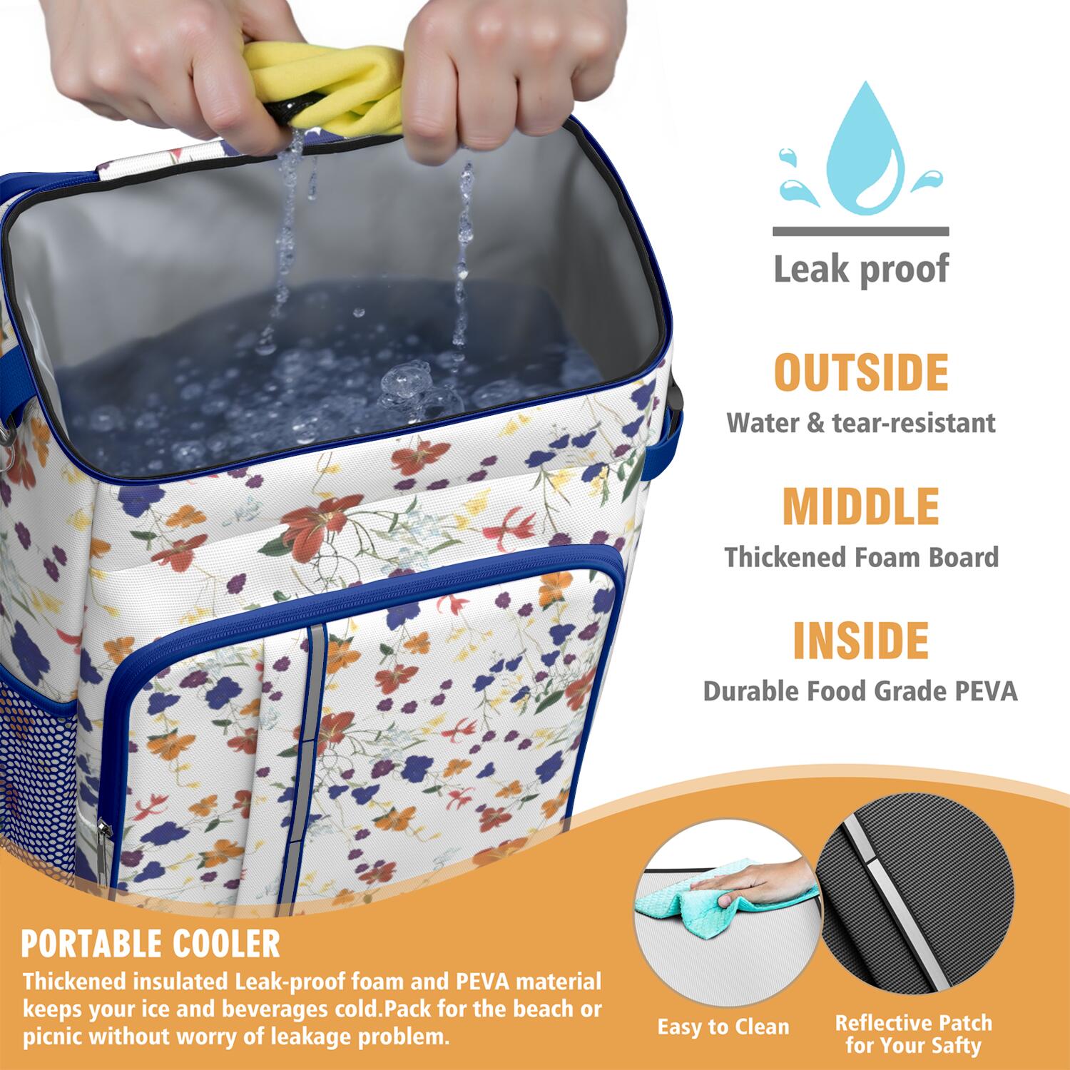 Travel Cooler Bag - Pioneer Flower Floral Print Pattern Camping Beer Cooler Backpack with Bottle Opener- Waterproof Insulated Picnic Backpacks - Cooler Bag for Beach