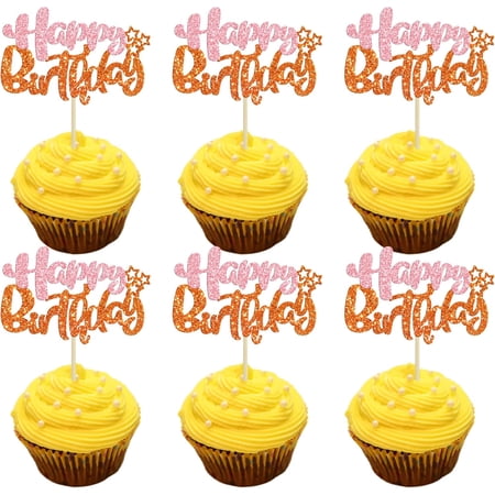 12Pcs Pink & Orange Glitter "Happy Birthday" Cupcake Toppers with Stars, Birthday Party Cake Decorations