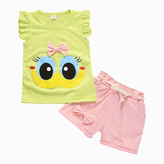 TOWED22 Toddler Girl Summer Clothing 2pcs Graphic Ruffle Sleeve Sleeveless Tank Top and Elastic Shorts Set Outfits Cute Toddler Print Clothes(Green,3-4 Y)