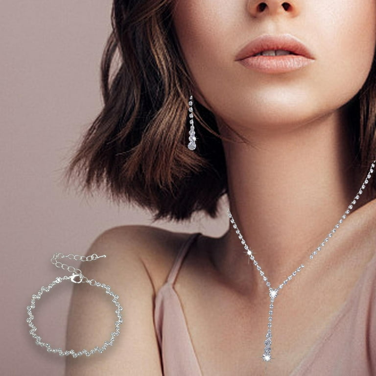 Wedding Bridal Jewelry Set White Jewelry Set Rhinestone Necklace Earrings Set for Gift Costume Accessories Party Brides Teen
