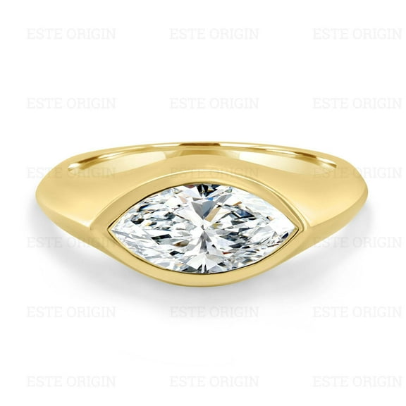 ESTE ORIGIN 2.00Ct East West Marquise Lab Grown Diamond Bezel Set Solitaire Ring - Bold 3mm Band in 10K Yellow Gold for Women