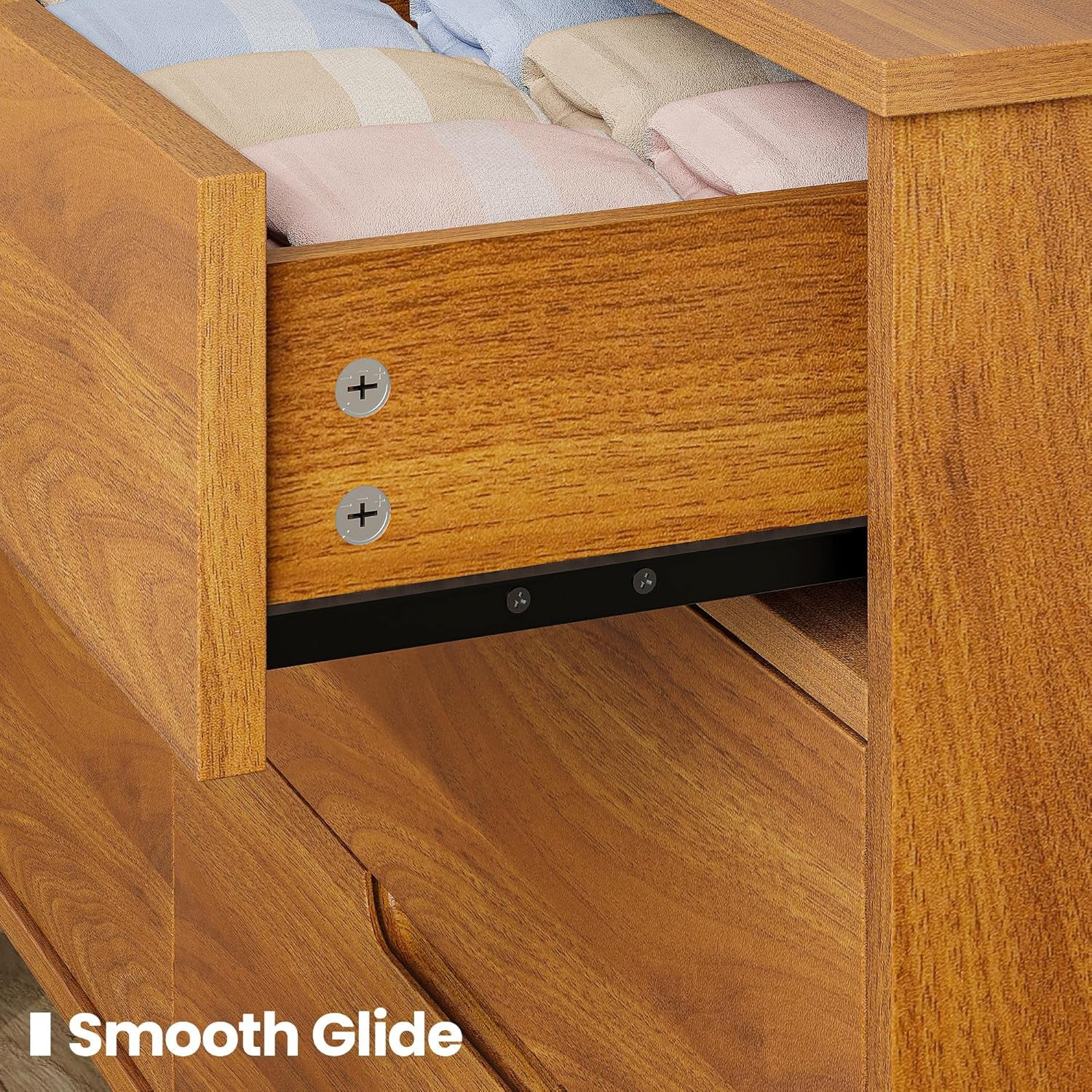 47" Wide 6 Drawer Dresser, Mid-Century Modern Double Dresser with Walnut Finish, Large Horizontal Chest of Drawers for Bedroom, Wood Storage Cabinet, Caramel