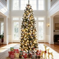 iCapeson 6ft Pencil Slim Artificial Christmas Tree, Pre-Lit 250 Warm LED Lights, 37 Pine Cones & 595 Mixed Partially Frosted White Branches