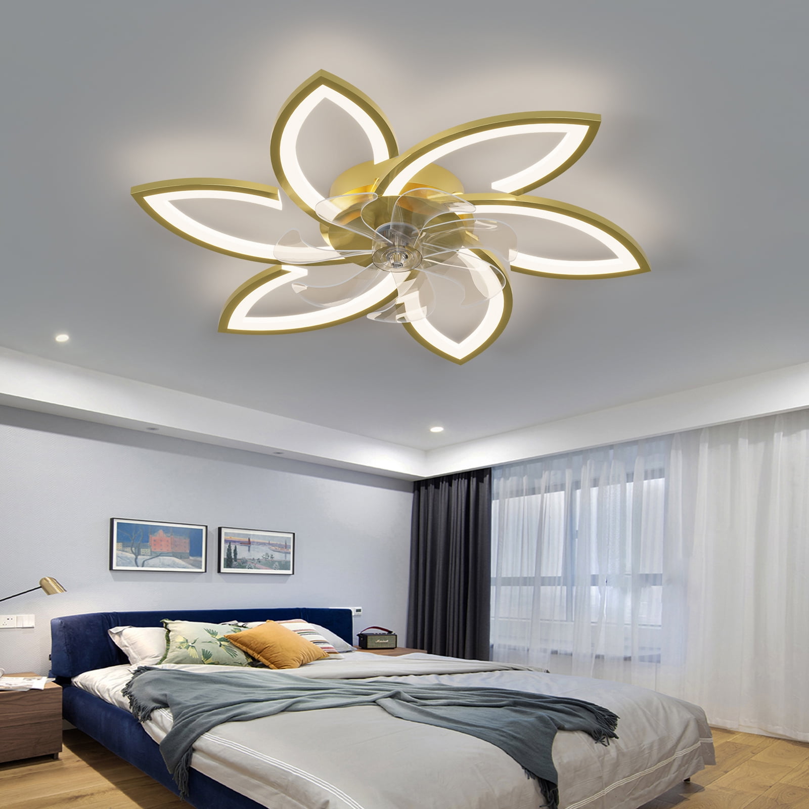 Eowynic 31-inch Gold Modern Flower Shape Fandelier Ceiling Fans with LED Lights Remote Control for Kitchen Bedroom