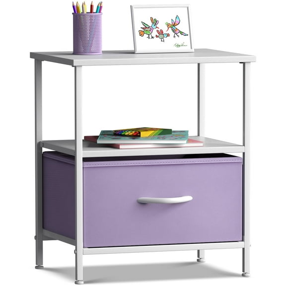 Sorbus Nightstand 1-Drawer Shelf Storage- Bedside Furniture & Accent End Table Chest for Home, Bedroom, Office, College Dorm, Steel Frame, Wood Top, Pastel Fabric Bins (Pastel Purple)