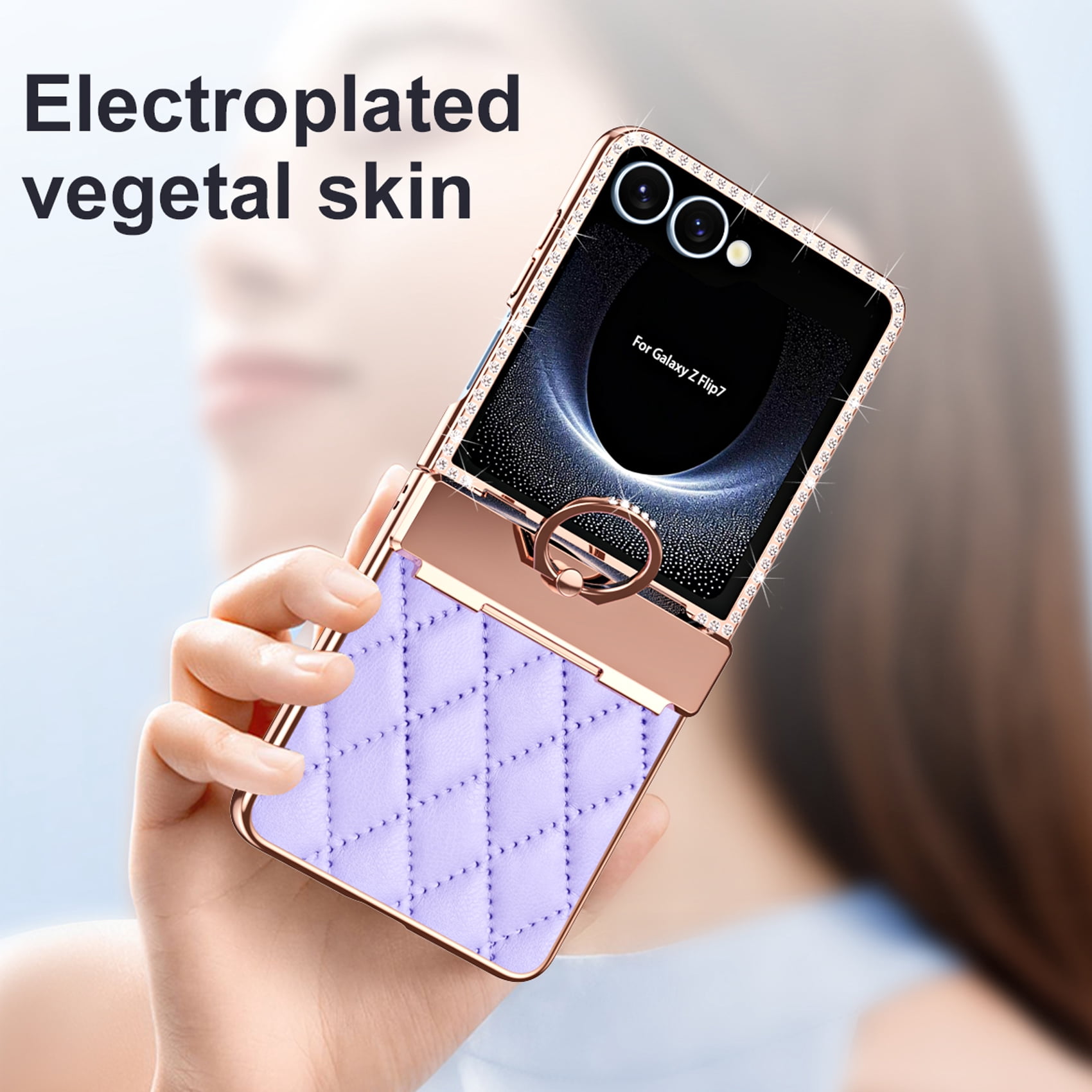for Samsung Galaxy Z Flip 7 Case Hinge Protection with Finger Ring Holder, Premium PU Leather Hybrid PC All-Inclusive Diamond Bling Phone Case for Samsung Galaxy Z Flip 7 5G, Purple