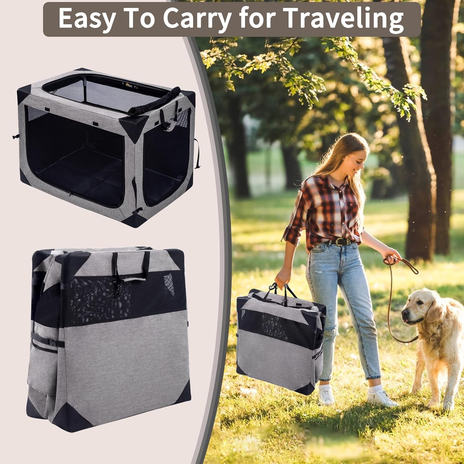 36 Inch Collapsible Soft Dog Crate with Chew Proof Mesh for Large Dogs