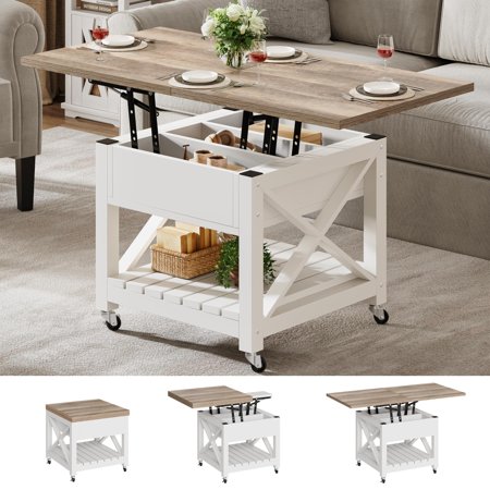Lift Top Coffee Table with Wheels, Farmhouse Square Coffee Tables for Living Room, 2 Tier Small Coffee Table with Storage Compartment Rustic Wood Cocktail Table Dining Table, Grey Wash