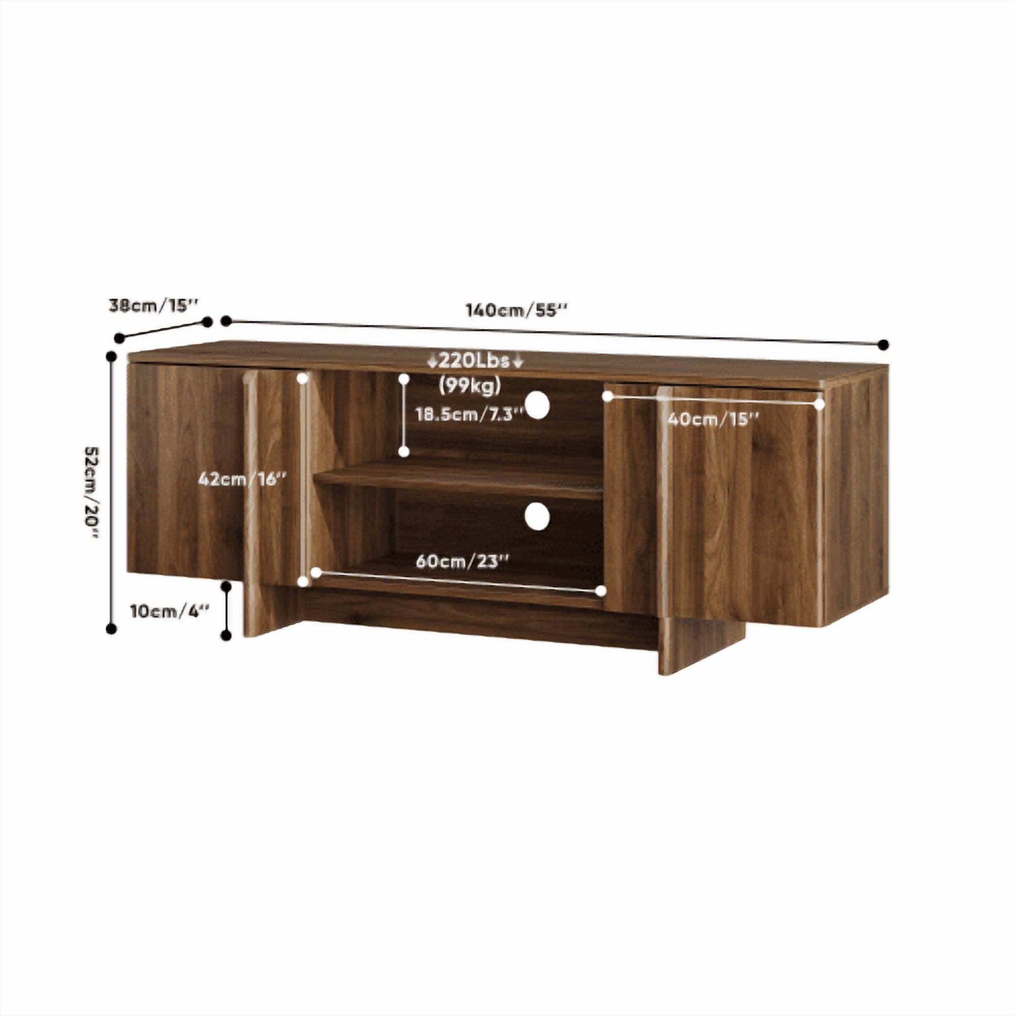 55" Mid-Century Modern Farmhouse TV Stand, Entertainment Center with Double Doors, Open Shelving, and Cable Management, Fits TVs up to 48 Inches, Walnut
