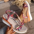 thumbnail image 4 of Wedge Sandals for Women Color Block Strappy Beaded Platform Espadrilles Elastic Ankle Strap Summer Comfy Walking Shoes Brown1 Size 9, 4 of 7