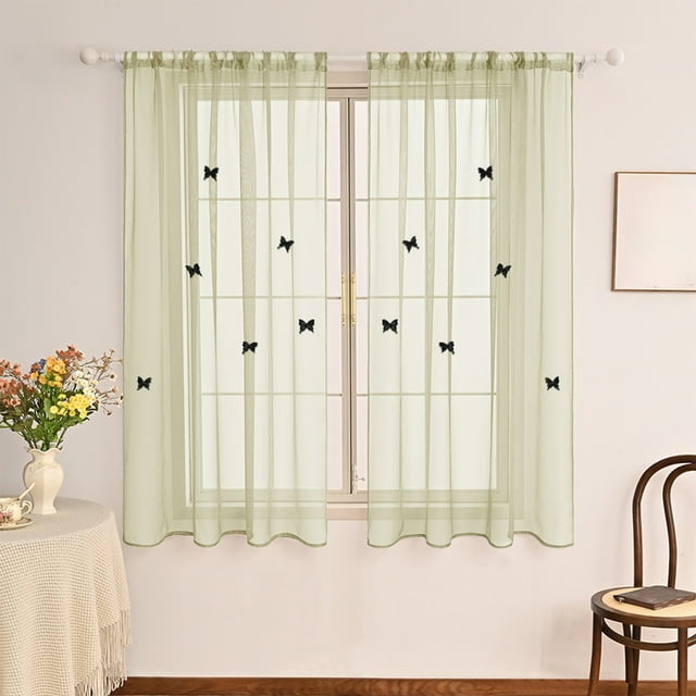 Staron Solid Color Sheer Curtain, Double Layer Butterfly Brooch Valance, Window Treatment for Home Party