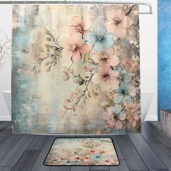 BZSMCE Shower Curtain and Bath Accessory Set,Delicate Blossoms on Soft Canvas Pattern