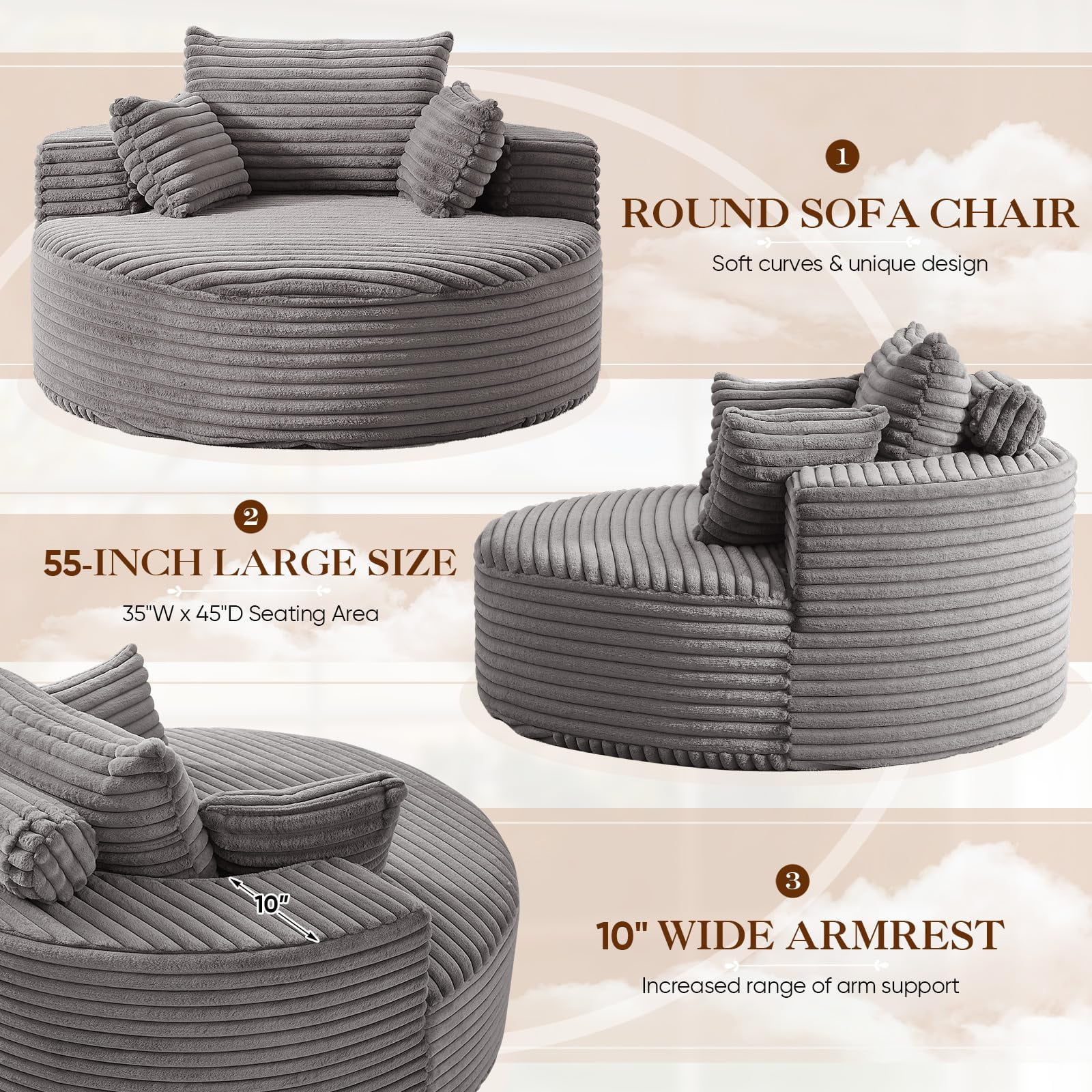 Aukfa 55" Oversized Round Chaise Lounge Chair Indoor, Corduroy Upholstered Sleeper Chair with Deep Seat & Pillows, Gray