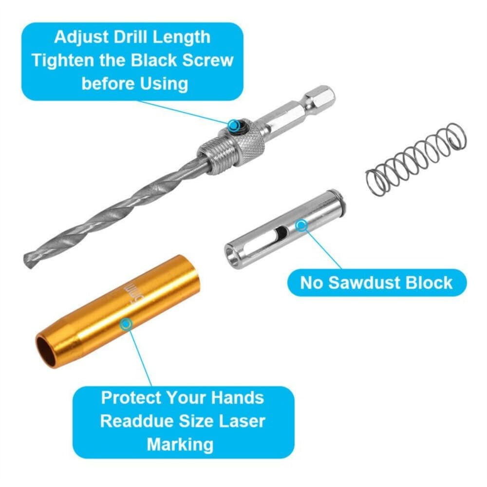 7Pcs Self Centering Drill Bit Set, Center Drill Bit Set With Hex Wrench, 2 Side Holes, Automatic Positioning Center Drill Sleeve, Woodworking Drill Bit Kit Set
