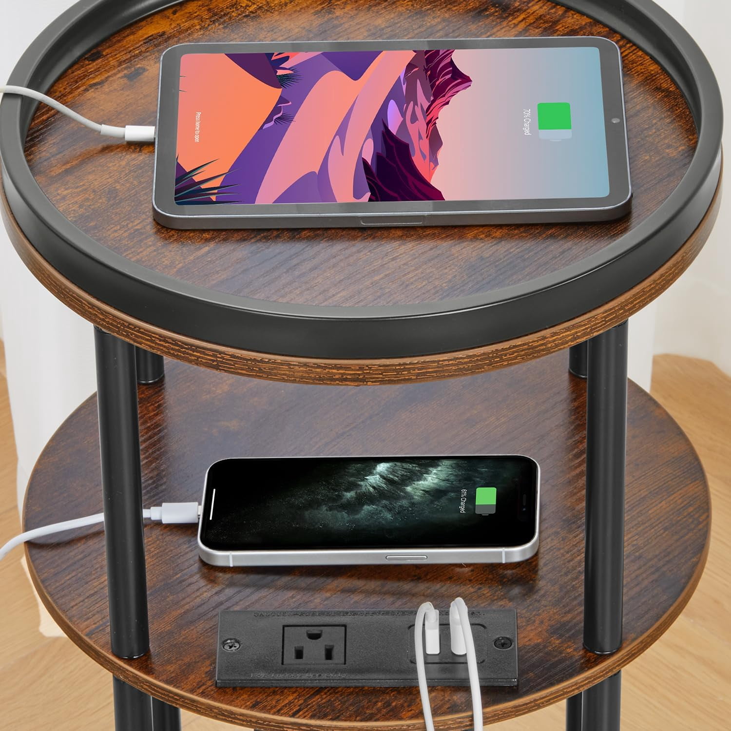 Small Round Side Table with Charging Station for Small Spaces, 3-Tier Round Accent Table with USB Ports & Power Outlets, Round Corner Table Tea Sofa Side Table for Living Room Bedroom (Rustic Brown)
