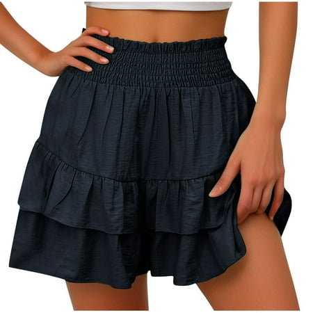 Tmtolofot Women s High Waisted Beach Shorts Sports Running Gym Workout Yoga Shorts Pants Ladies Teen Girl Summer Solid Color Hot Pants Cotton Linen Flower Leggings   1#Navy   X-Large