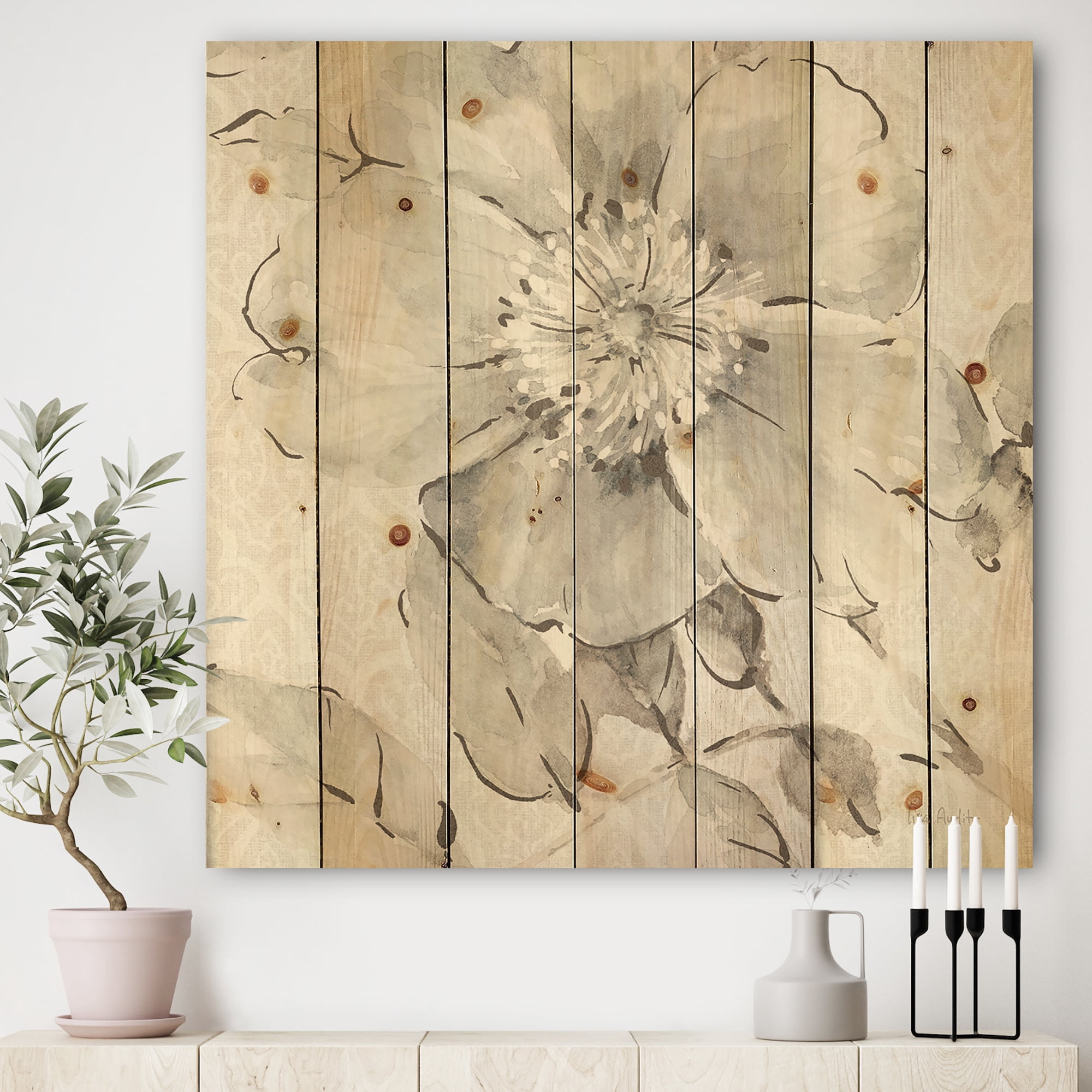 Designart 'Grey Indigold Peonies II' Farmhouse Print on Natural Pine Wood