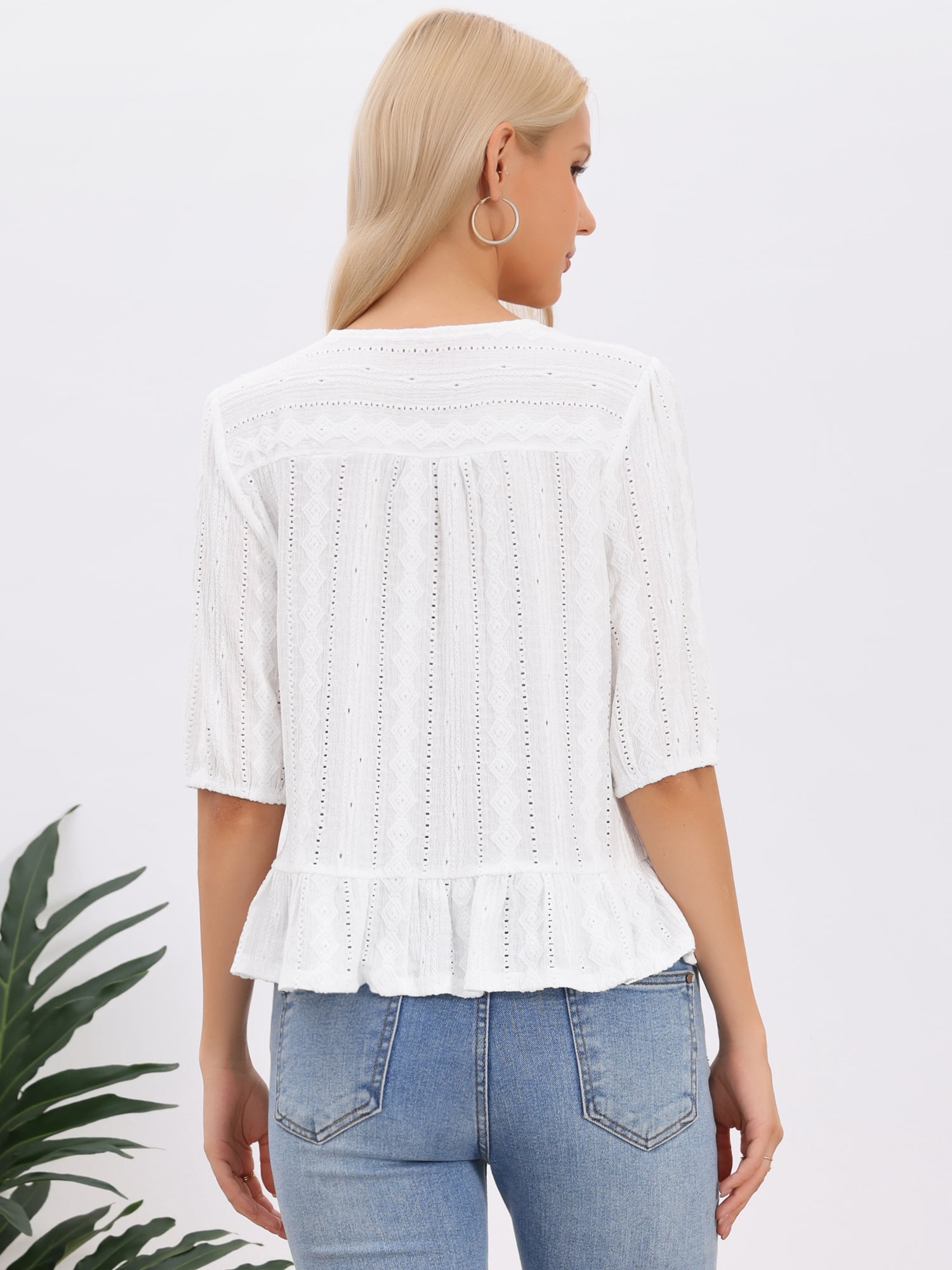 DARING DIVA Women's Eyelet Tops Embroidery Crewneck Tassel Tie Boho Blouse M White