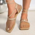 thumbnail image 6 of Women's Mesh Wrap-Up Heels Square Toe Fishnet Sandals Strappy Flat Slides Summer Closed Toe Beach Party Shoes（Gold，Size 9.5), 6 of 7