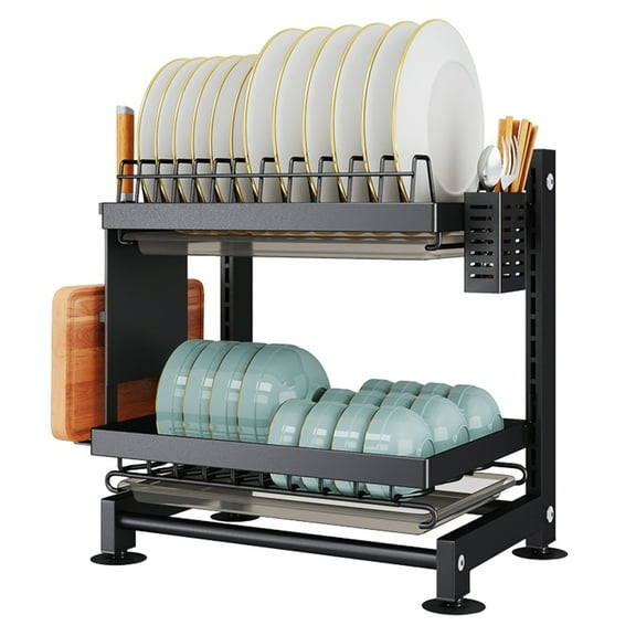 CACAGOO 2-Tier Dish Drying Rack - Adjustable Drying Rack w/Large Capacity, Space-Saving Dish Rack for Kitchen Counter