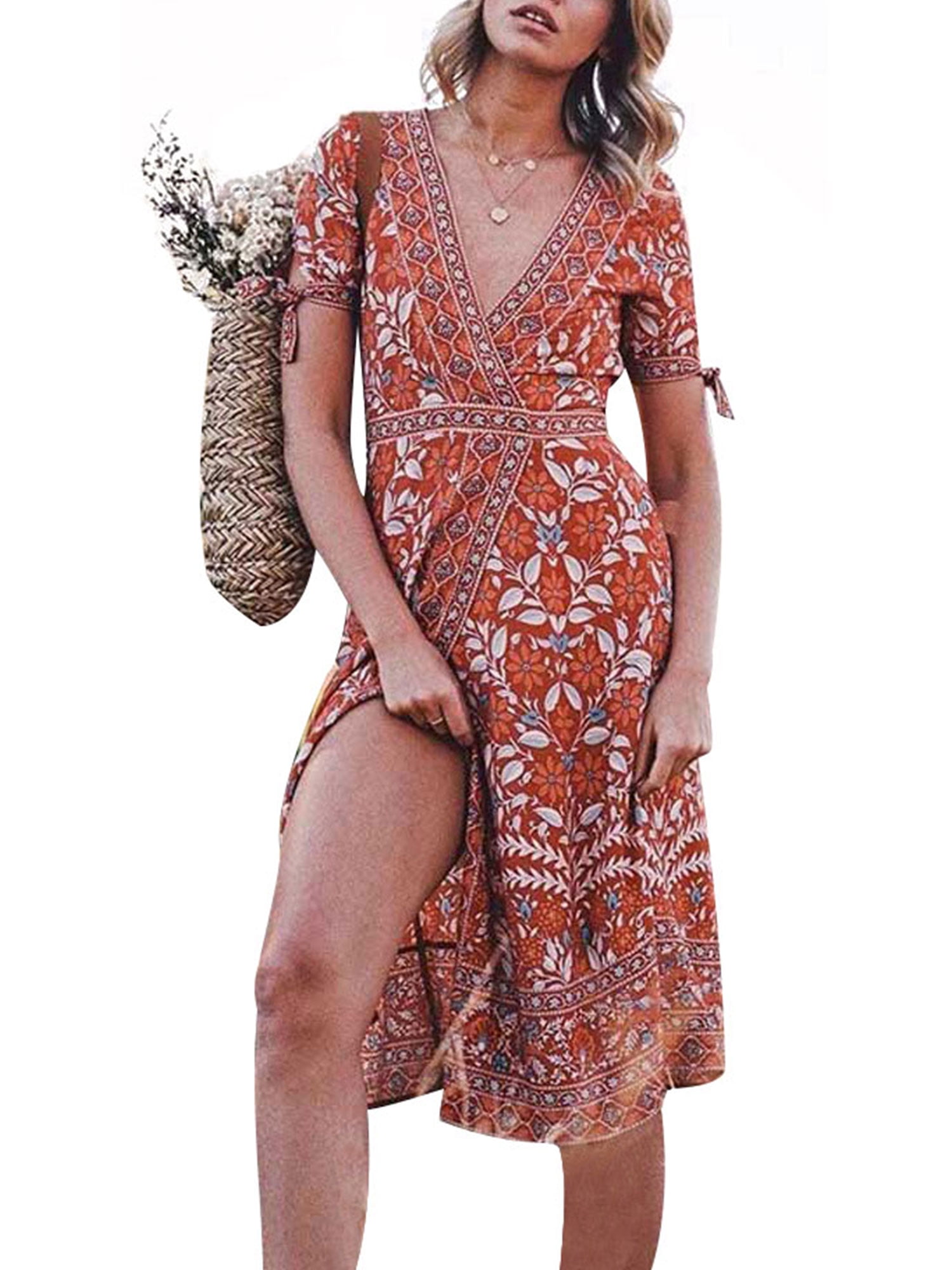 Women's Short Sleeve Loose Long Lounge Dress Floral Printed V Neck Casual Maxi Dresses with Side Split 