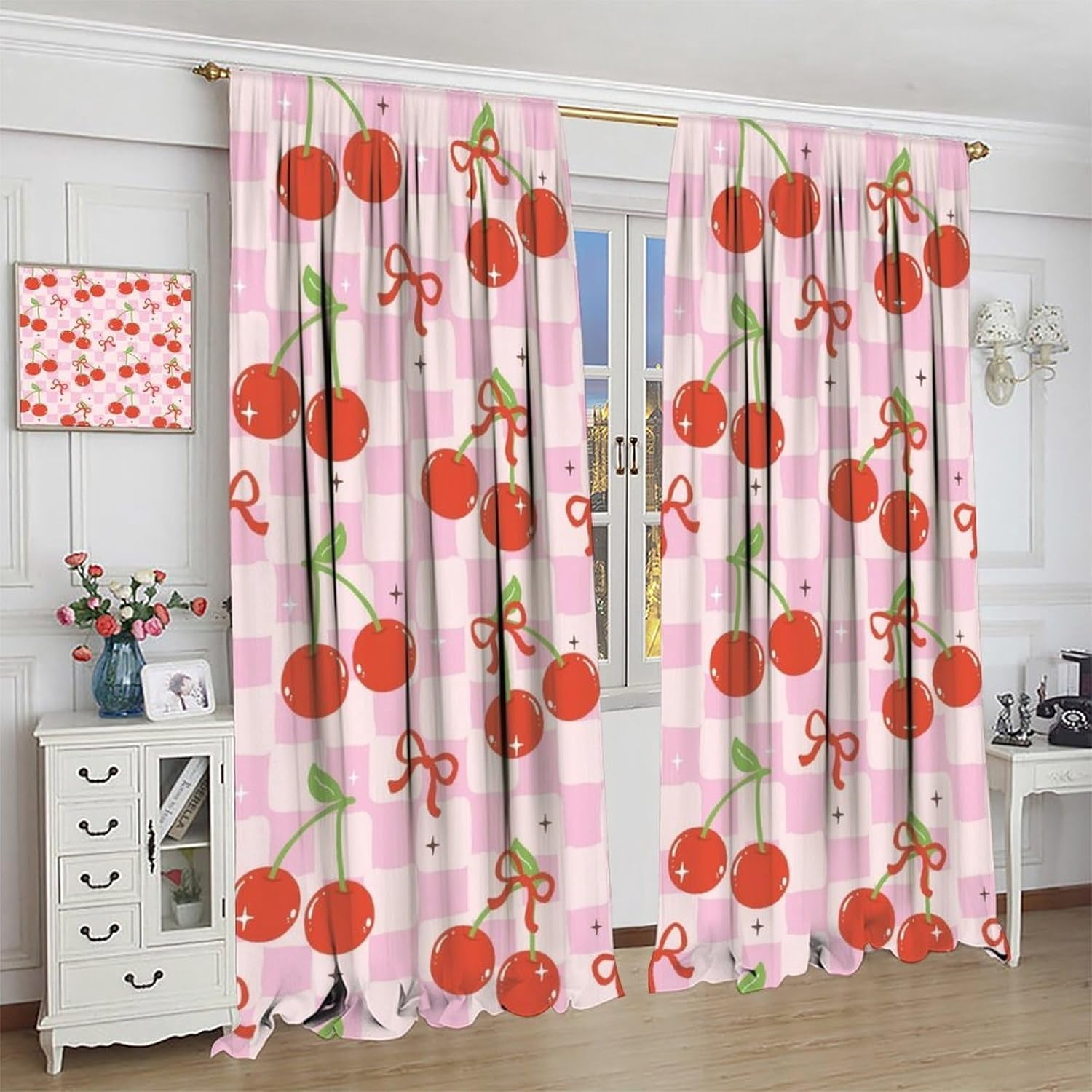 Cute Bow Curtains, Retro Pink Cherkered Cartoon Red Cherries Bows Aesthetic Modern Print Window Treatments for Kids Girls Bedroom Livingroom Bathroom, 42" W X 54" L