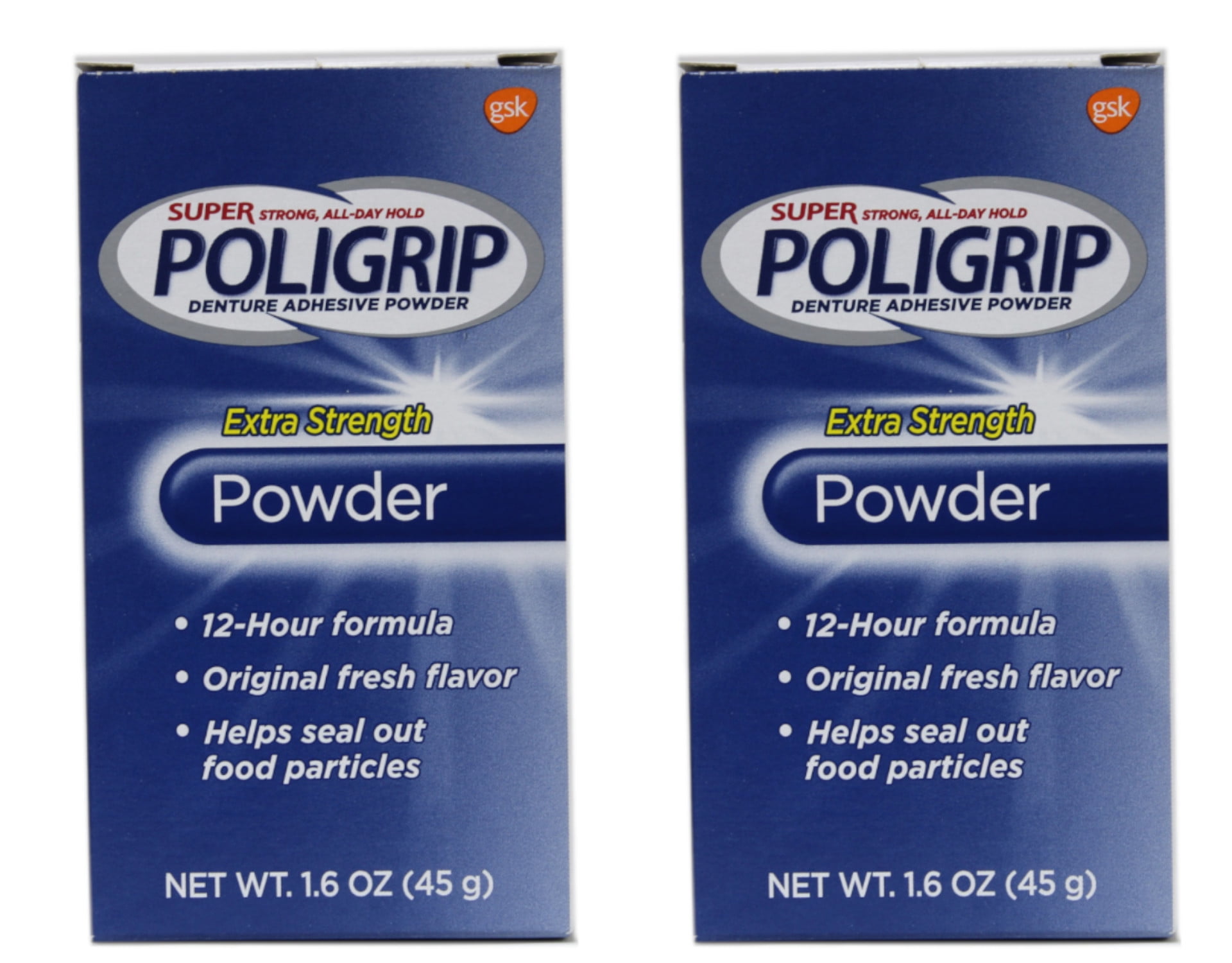 2 Pack Super Poligrip Extra Strength 12h Denture Adhesive Powder, 1.6 Oz Each
