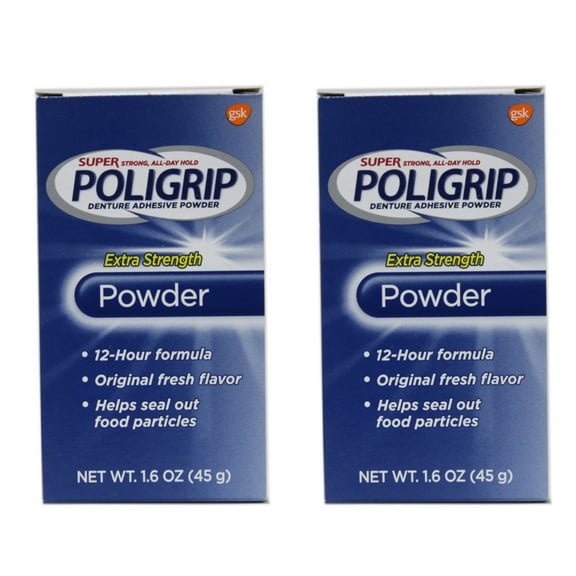 2 Pack Super Poligrip Extra Strength 12h Denture Adhesive Powder, 1.6 Oz Each