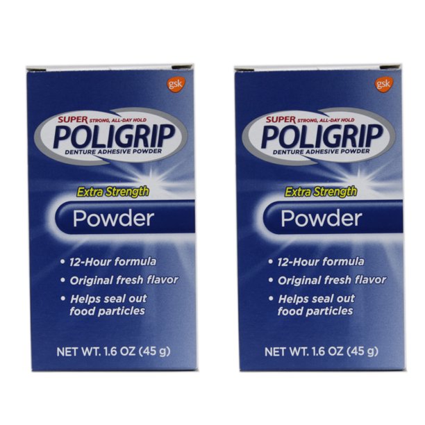 2 Pack Super Poligrip Extra Strength 12h Denture Adhesive Powder, 1.6 Oz Each