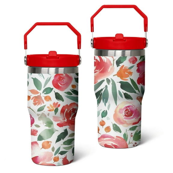 20oz Pioneer Stainless Steel Tumbler with Top Handle,Colorful Floral Travel Coffee Mug Flip Straw Cup,Gifts for Women Girls Men Adults（crimson）