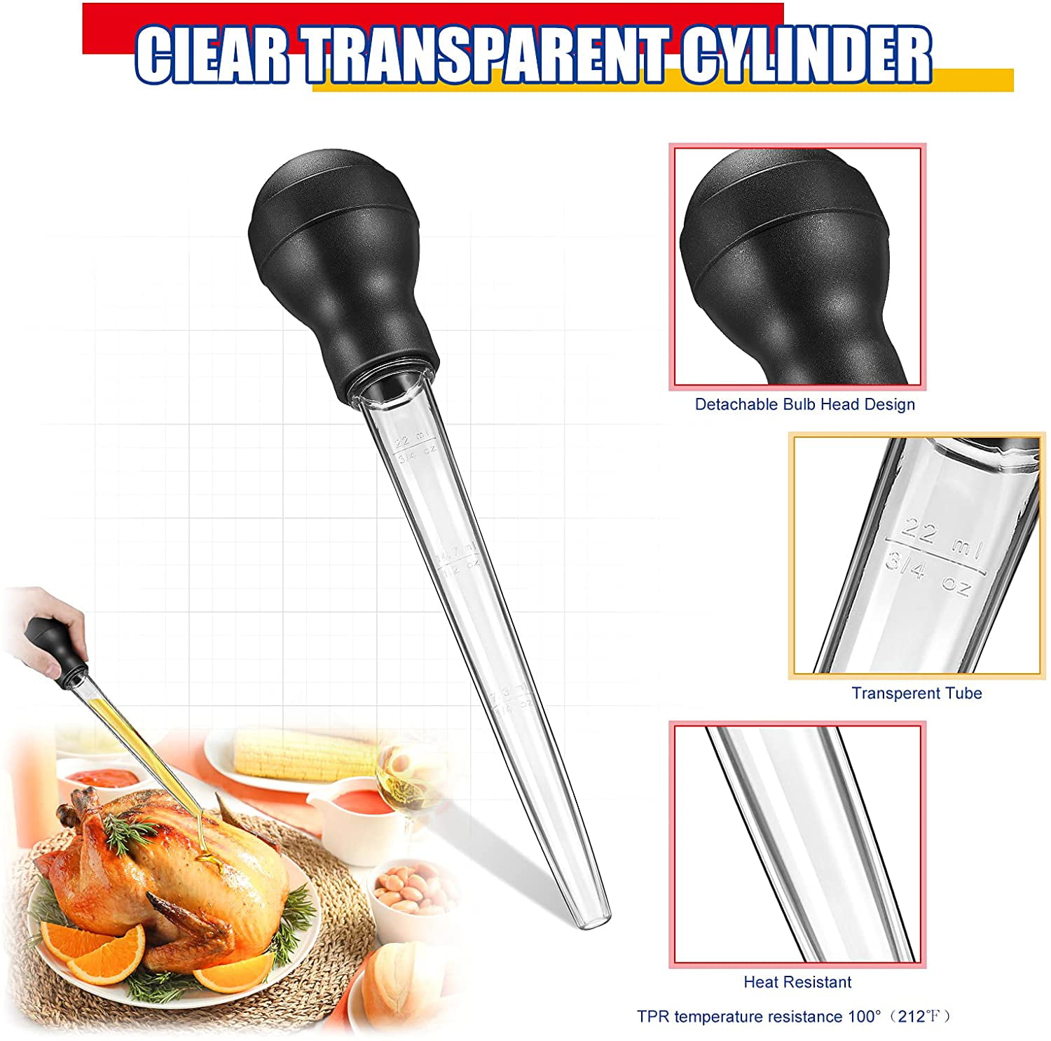5 Pieces Turkey Baster Nylon Syringe Practical Fluid and Grease Separator High Temperature Resistant Baster Syringe for Cooking Grilling Meat Roasting Barbecue